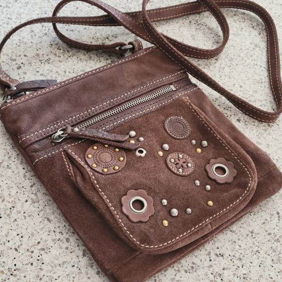 Fossil Brown Leather Suede Crossbody Bag Floral Stud Grommet Applique Full Zip - Picture 15 of 15